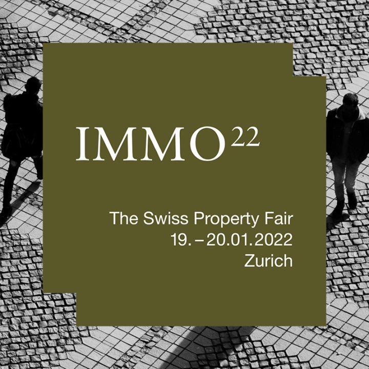 IMMO22 The Swiss Property Fair Key Visual mit Olivgrünen Quadraten auf einem Schwarz-Weissbild eines Pflastersteinbodens und weissem Schriftzug