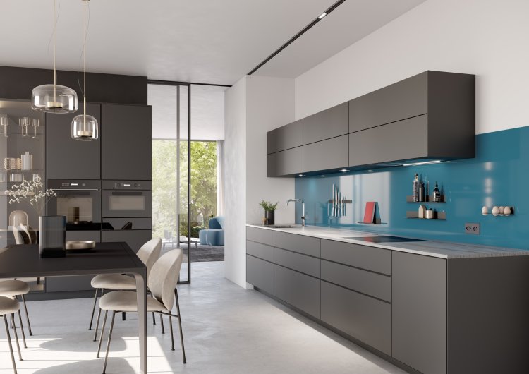Moderne Küche mit schwarzen Fronten und blauer Küchchenrückwand