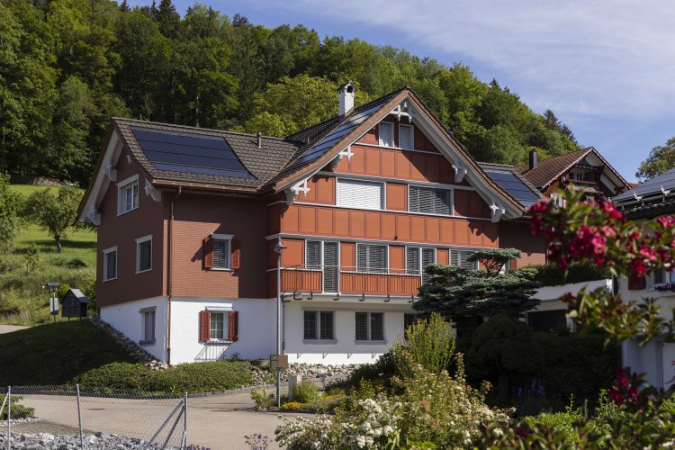 Rotes Haus in grüner Umgebung