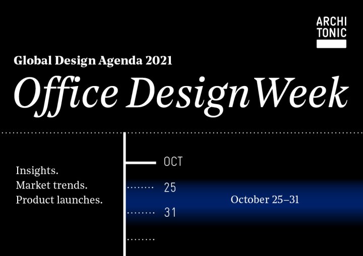 Office Design Week Banner mit weisser Schrift auf blau-schwarzem Hintergrund