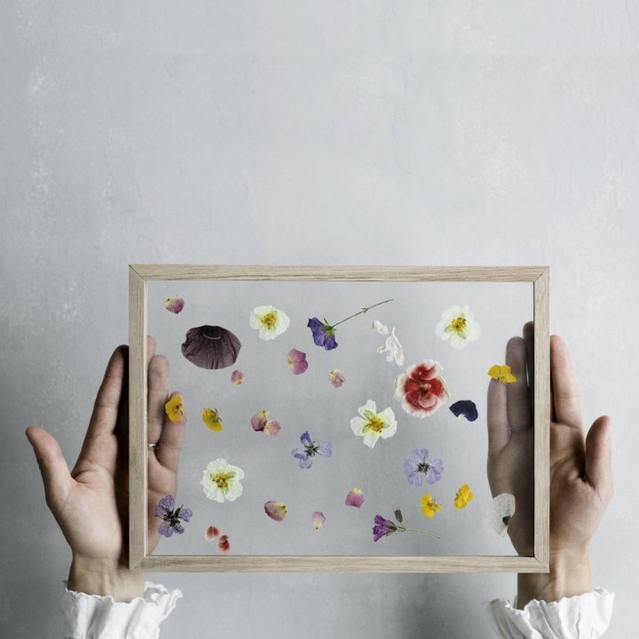 Holzrahmen gehalten von zwei Handen mit Glas und gepressten bunten Blumen dazwischen