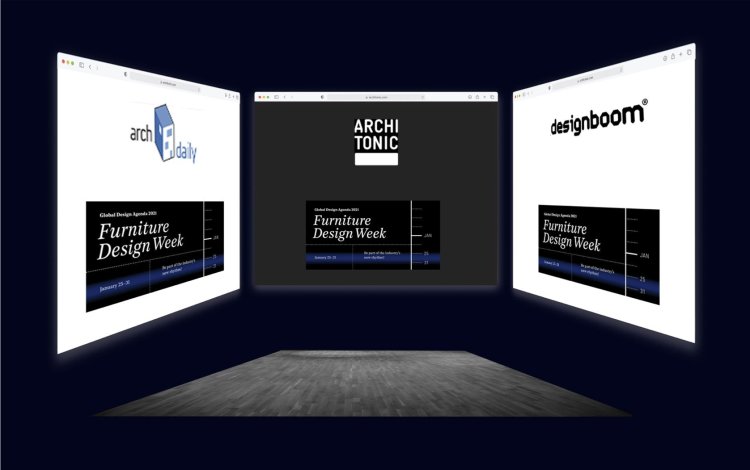 Bühne mit den drei Webseiten Archdaily, Architonic und Designboom