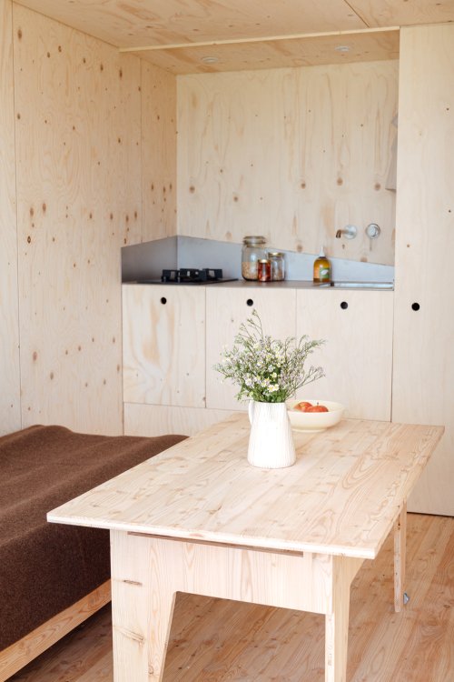 Kleine Wohnküche komplett aus Holz mit einem Tisch mit Blumenstrauss und einem braun gepolsterten Sofa links.