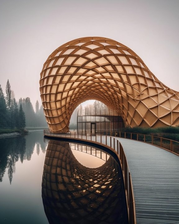 Ein Steg rechts im Bild führt zu einer wellenartigen Holzkonstruktion auf dem Wasser