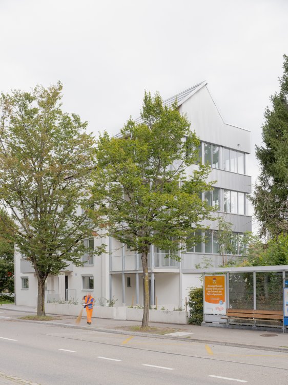 Mehrfamilienhaus an der Triemlistrasse in Zürich nach dem Umbau: Hinter den Bäumen sind die hell verputzte Fassade, die Anbauten und die aufgestockten Geschosse zu sehen.
