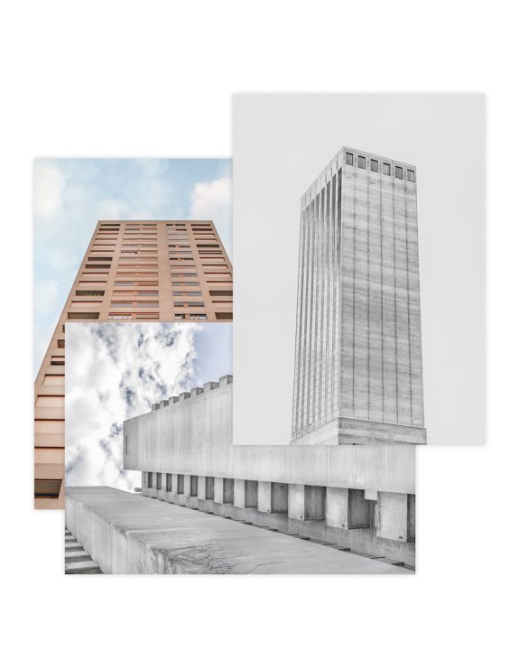 Drei übereinanderliegende Postkarten mit Hochhäusern