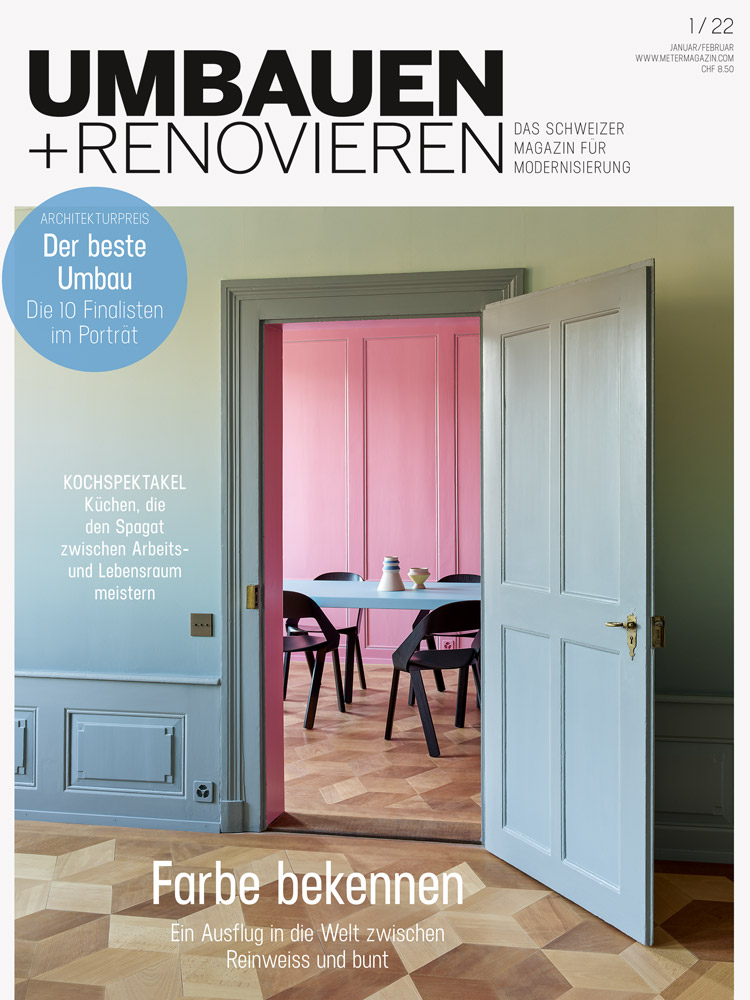 Titelbild Umbauen+Renovieren, das eine geöffnete alte Tür zeigt, die den Blick in einen rosa gestrichenen Raum mit einem Esstisch freigibt.