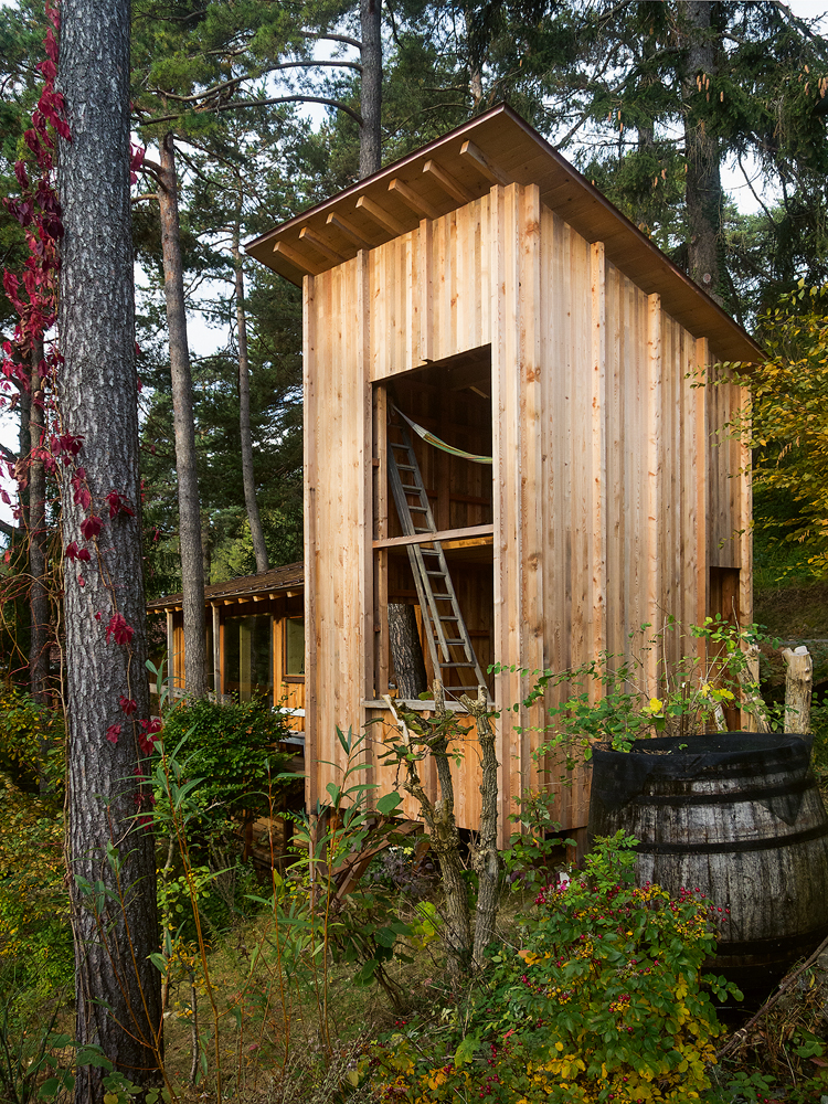 Eine Holzhütte in den Bäumen