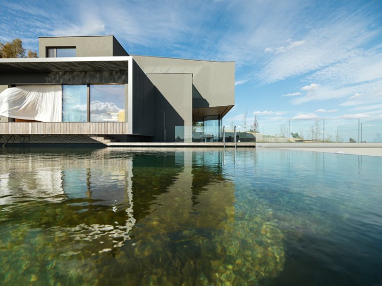 Aussenansicht von modernem Haus am Wasser von Willl Architektur.