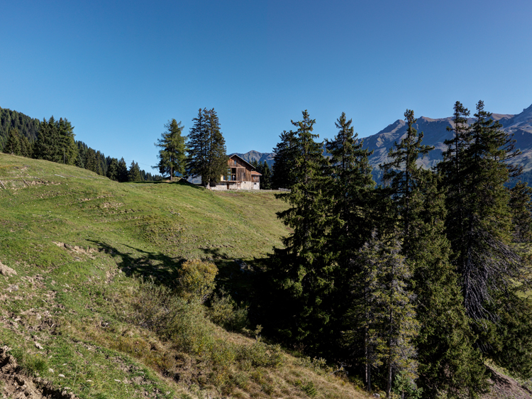 Blick auf die Alp Briula mit der umgebauten Scheune mitten in der Natur.