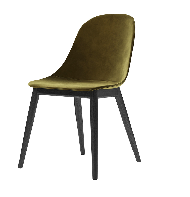 Freistellerbild von Stuhl ohne Lehne und runder Rückenlehnen in olivegrünem Samt.