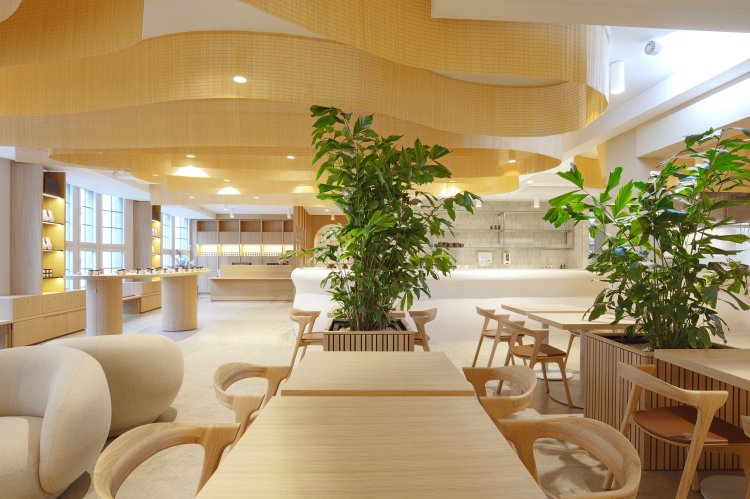 Restaurant mit Bambuselemente an der Decke, die einen Infinity-Effekt erzeugen.