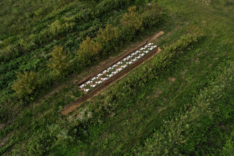 Luftaufnahme eines langen, in den Boden eingelassenen Tisches mit weissem Geschirr inmitten einer grünen Landschaft.