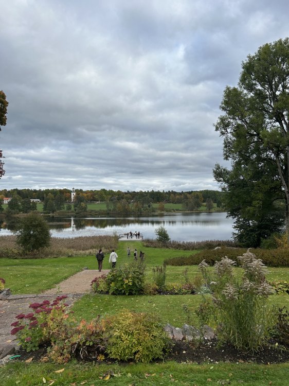 Blick via einen abfallenden Garten über einen See in einen Wald. Es ist herbstliche Stimmung.