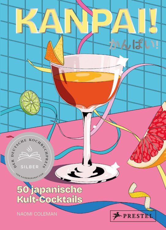 Bunt gezeichnetes Buchcover in Neonfarben mit einem Cocktailglas.