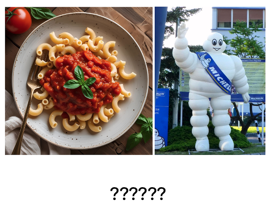 Ein Teller Makkaroni, das Michelin-Männchen, ein weisses Sofa