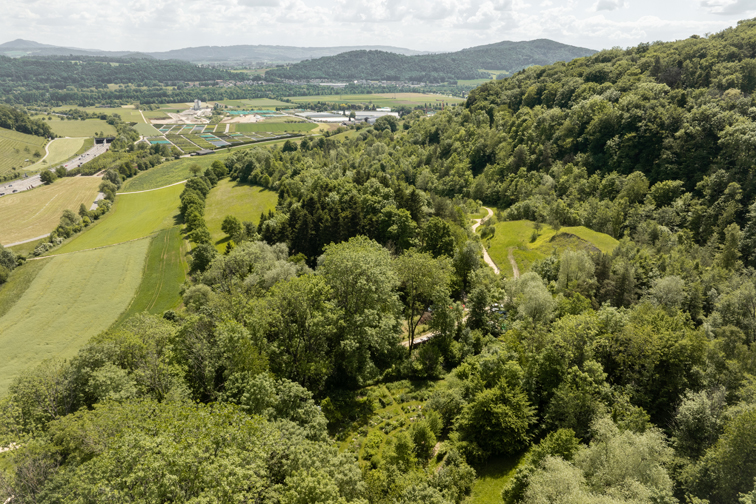 Vogelperspektive über ein hügeliges Gebiet mit Wald- und Wiesenflächen.