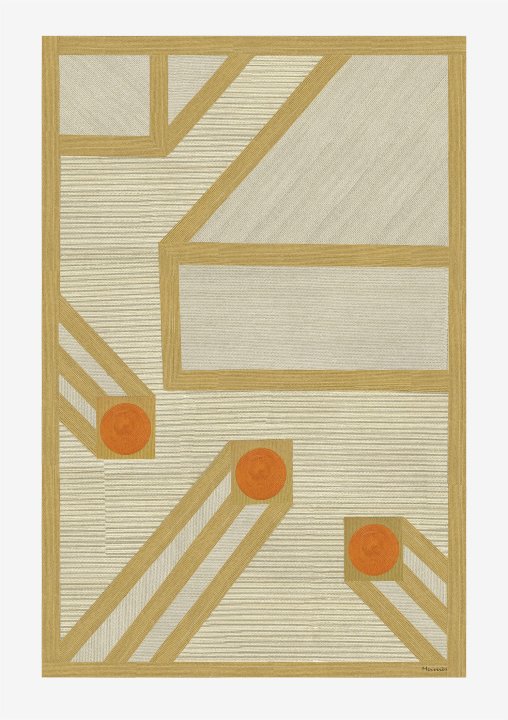 Teppich "Tremplin" von Hermès mit graphischem Muster aus aufgestickten Kordeln in Ocker und Orange.