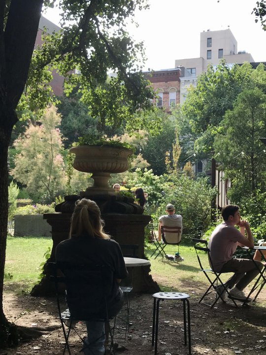 Menschen sitzen in einem lauschigen öffentlichen Garten inmitten von Manhattan, New York, unter einem schattigen Baum.