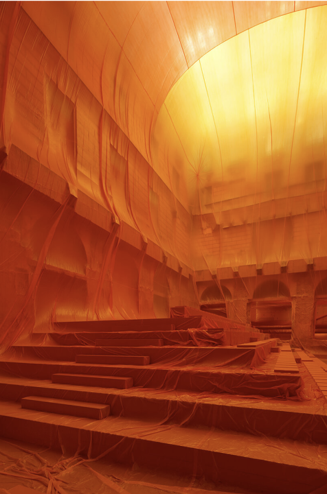 Ein komplett in orange Tücher überzogener Innenraum mit Treppenpodest und halbrundem Dach.