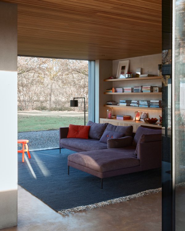 Ein Wohnzimmer mit Sofa, Teppich, Bücherwand und einer grossen Fensterfront.