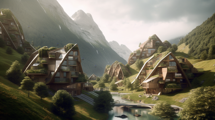 AI generierte, moderne Häuser in den Alpen.
