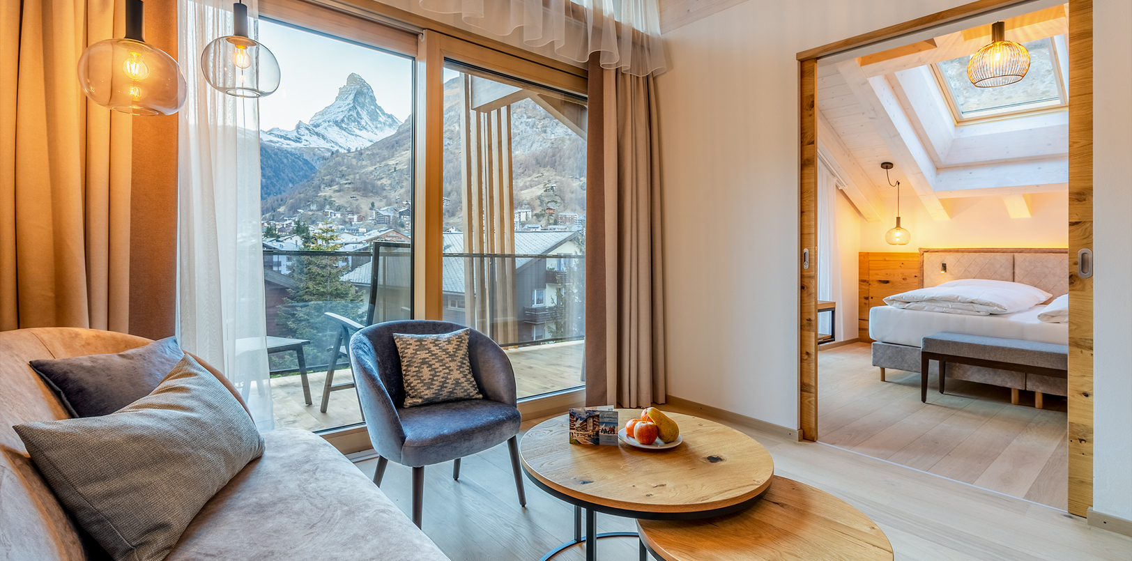 Zimmer in der Residenz Altiana in Zermatt mit Blick aufs Matterhorn